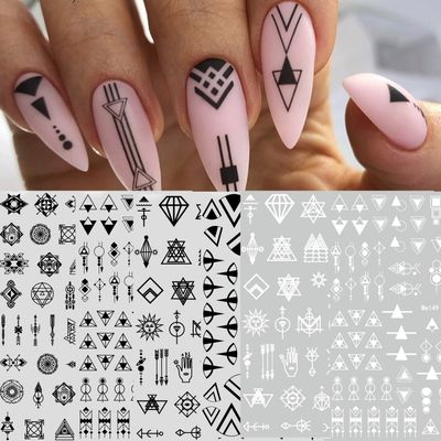 12 Sheets Geometric Nail Art Stickers Decals Self-Adhesive Pegatinas Uas Black White Mysterious Triangle Nail Supplies Nail Art Design Decoration Accessories