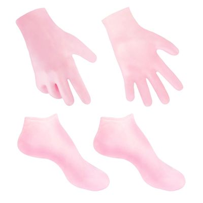 MoyRetty 2 Pairs Moisturizing Glove Socks Set, Silicone Gel Spa Socks for Dry Cracked Skin,Silicone Gel Heel Socks Anti Slip,for Foot Hand Softening, Calluses, Foot Care After Pedicure(Pink)