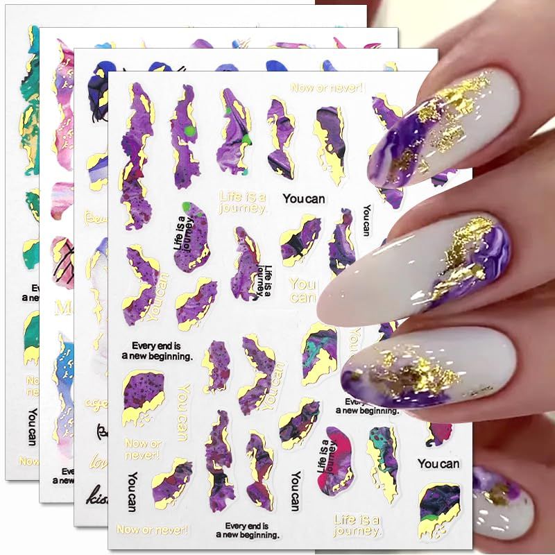 3D Marble Nail Stickers - 6 Color Marble Decals, Blooming Nail Art, Bronzing &amp; Watercolor Smudge Resistant, Self-Adhesive Gold Foil Designs