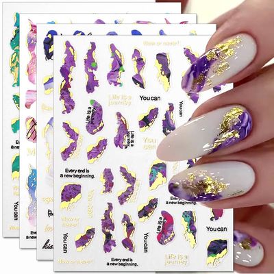 3D Marble Nail Stickers - 6 Color Marble Decals, Blooming Nail Art, Bronzing &amp; Watercolor Smudge Resistant, Self-Adhesive Gold Foil Designs