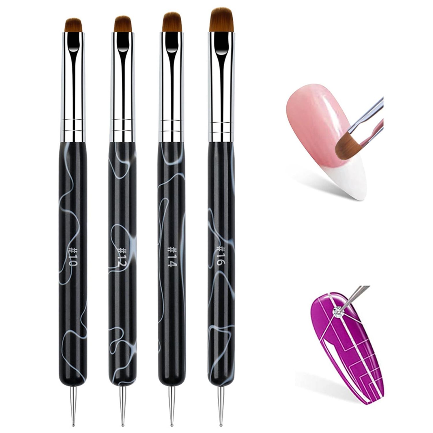 French Nail Brush Set, 2 Way French Brush for Nails, Gel Acrylic Nail Clean Up Brush with Dotting Tool for Professional Manicure, Nail Clean Up Brush, Nail Art Design, Wave Pattern Handle,NB128-Black