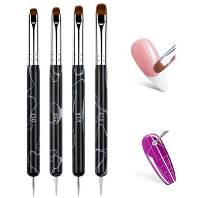 French Nail Brush Set, 2 Way French Brush for Nails, Gel Acrylic Nail Clean Up Brush with Dotting Tool for Professional Manicure, Nail Clean Up Brush, Nail Art Design, Wave Pattern Handle,NB128-Black