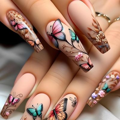 MERVF Coffin Press on Nails Long Fake Nails Colorful Butterfly Flower Glue on Nails with Solid Color Design Press ons Acrylic Nails Ballerina French Tip Fall False Nails Matte 24pcs