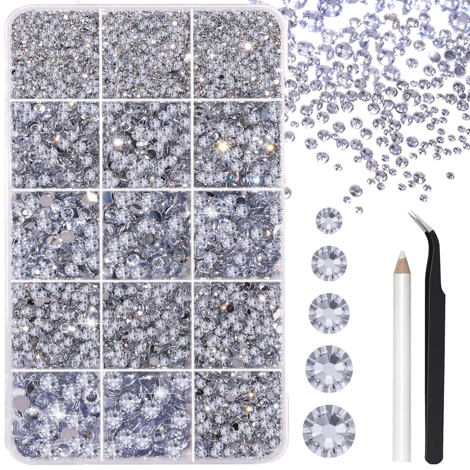FANDAMEI Silver Rhinestones, 15000 PCS Resin Rhinestone, Non Hotfix Gems for Crafting, Flatback Rhinestones for Crafting, Clear Rhinestone for Nails, Mixed Sizes 2/3/4/5/6mm