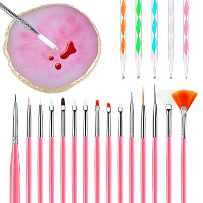 22 Pcs Nail Art Brushes Set, 1 Pcs Resin Nail Art Palette, 15 Pcs Nail Art Brushes, 5 Pcs Nail Art Dotting Pens, 1 Pcs Cosmetic Makeup Spatula Stirring Rod, Nail Design Tools for Nail Art Home Salon
