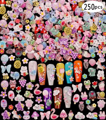 1 Pack of 250pcs Cute & Sweet 3D Nail Charms for Acrylic Nails, Perfect for Nail Art Decorations & DIY Accessories CraftsFlower Bee Pineapple Bear Charms for Nail (1-multi-color)