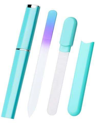 Glass Nail File and Buffer with Case, Crystal Fingernail Files for Natural Nails Care Glass Nail Shiner Nano Polisher for Travel Home Salon Nail Filer Stocking Stuffers for Women Girl Wife Gifts- Cyan
