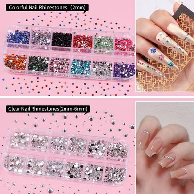 10 Boxes Nail Art Kit, Colorful Glass Nail Rhinestones, 2-6mm White Flatback Pearls, 3D Gold Studs Holographic Foil Flakes and Iridescent Glitter Sequins with Tweezers Brush