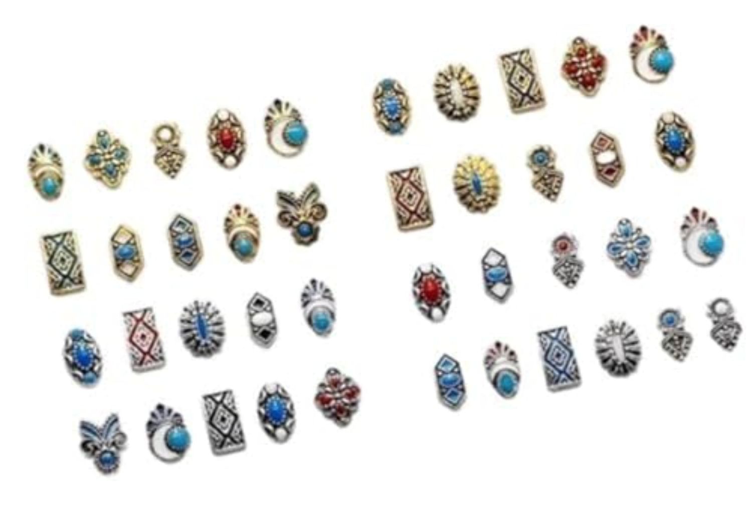 Retro Turquoise Totem Flower 3D Alloy Nail Art Mix Color Nail Charms, DIY Nail Art Decorations 50pcs