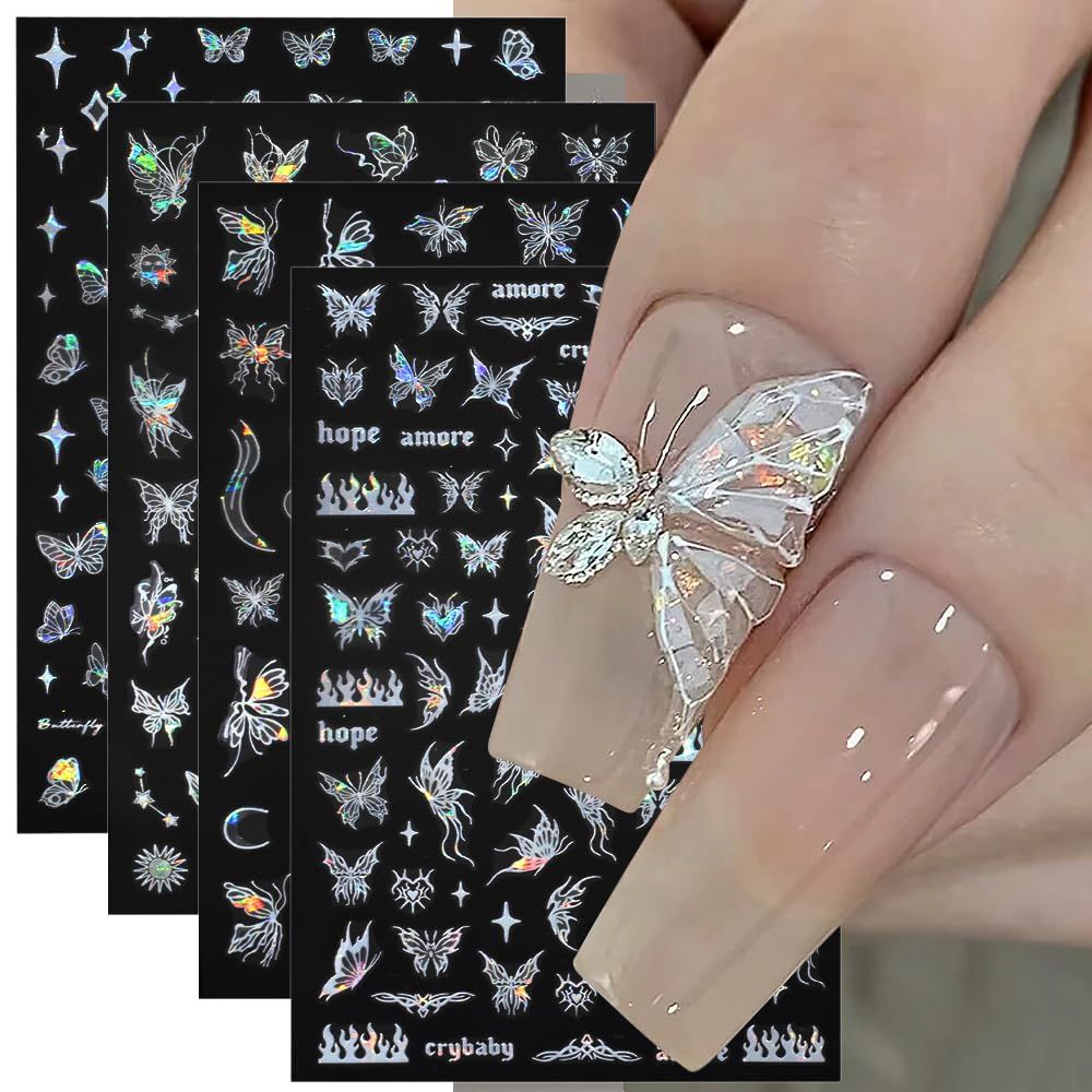 4 Sheets Holographic Laser White Butterfly Nail Stickers, Y2K Luxury Aurora Butterflies Star Art Stickers, 3D Sun Moon Flame Heart Decals for Women Nail Decor Designs Accessories