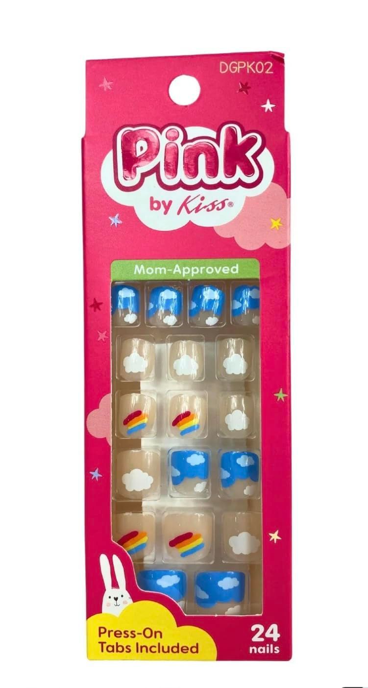 Pink by Kiss (1) Kids Press-On Nail Tabs Pkg, 24-pc. per box. Translucent tips with Rainbows, Clouds &amp; Blue Sky DGPK02 - Selena (Mom-Approved!)