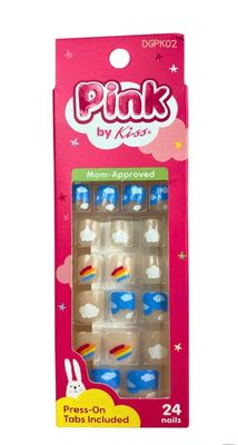 Pink by Kiss (1) Kids Press-On Nail Tabs Pkg, 24-pc. per box. Translucent tips with Rainbows, Clouds &amp; Blue Sky DGPK02 - Selena (Mom-Approved!)