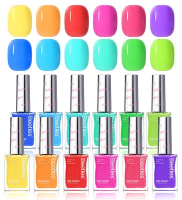 Beetles Neon Nail Polish Set - Quick Dry Summer Nail Polish Kit 12 Colors Hot Pink Green Blue Yellow Red Regular Air Quick Dry Fingernail Polish Pack for Women Gift Beetles Cocktails 12 Colors