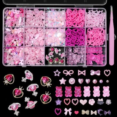 3D Pink Color Assorted Pearls Gems Nail Charms Heart Butterfly Bow Bear Nail Charms Star Bows Pearls Planet Nail Charms for Manicure DIY Crafts Jewel Accessories for Women Nail Charms