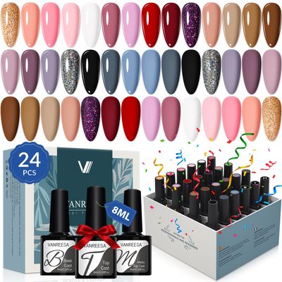 VANREESA 24 Pcs Gel Nail Polish Set-21 Fall Winter Colors Nail Polish with Base Coat Glossy Matte Top Coat Gel Polish Set Nude Pink Red Brown Glitter Polish Nail Kit Gifts for Women Girls