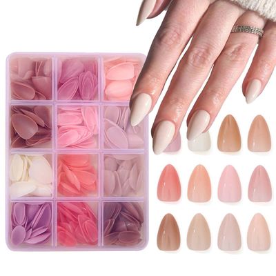 12Packs 360Pcs Almond Press on Nails Short Almond Fake Nails Solid Color False Nail Tips Glossy Nature Acrylic Nails Press on Nude Nail Art for Women Girls Daily Wear Manicure Deco 15 Size - 12 Colors
