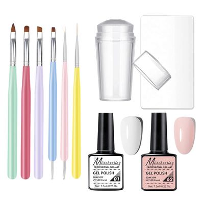 Gel French Manicure Kit, Gorvalin Glitter Nude Pink &amp; White UV French Tip Gel Nail Polish Stamper Brushes Dotting Pens French Tip Tool Kit for French Nail Art DIY Design