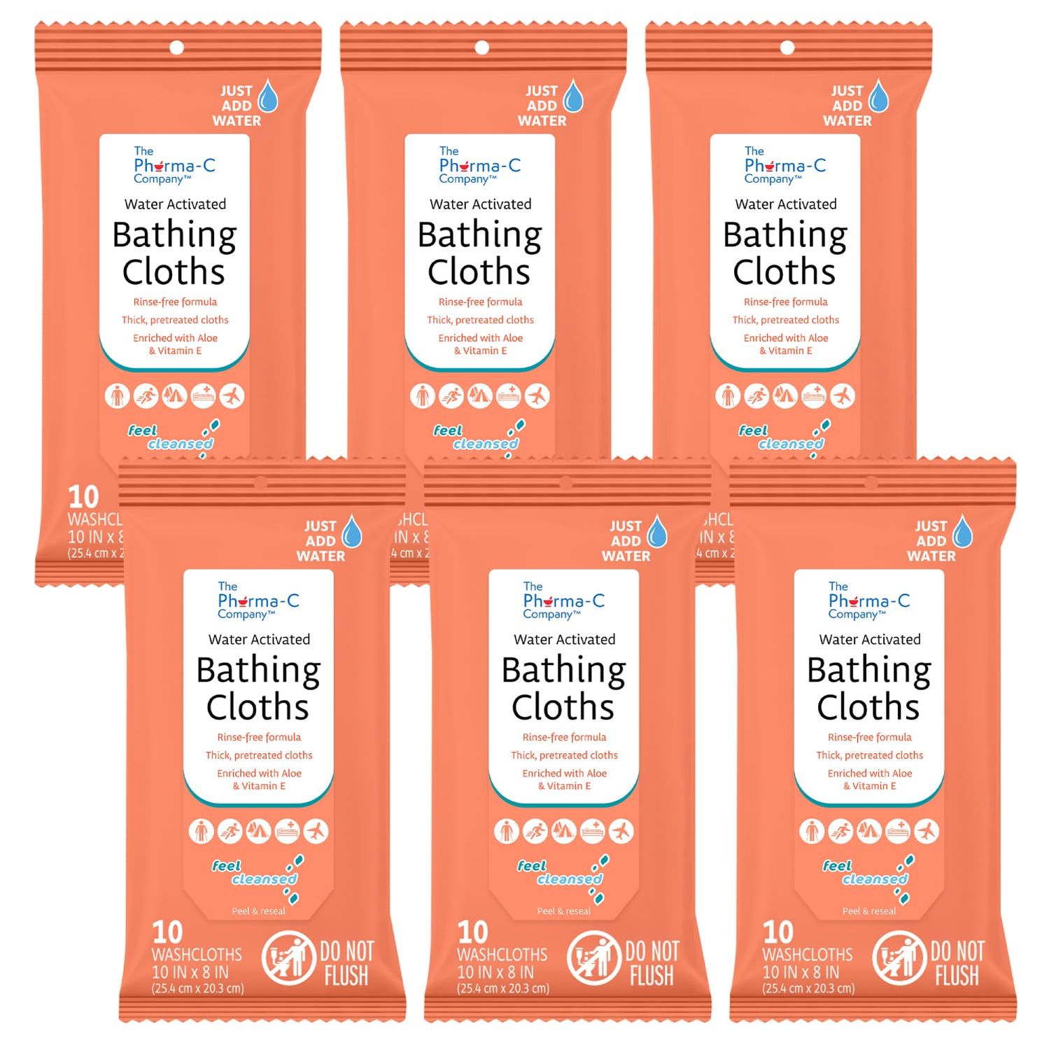 The Pharma-C Company Water-Activated Bathing Cloths 6 Packs of 10 cloths - Rinse-Free XL Body Wipes for Adults. Pretreated Disposable Bath Wipe for Elderly, Hospice, Camping.