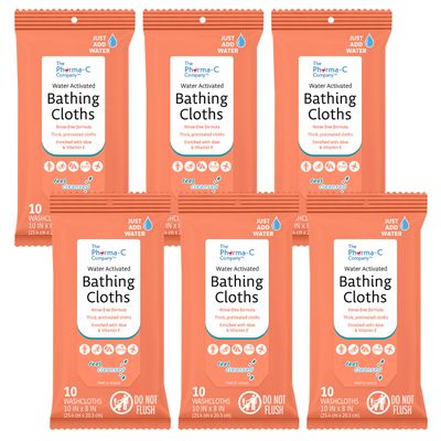 The Pharma-C Company Water-Activated Bathing Cloths 6 Packs of 10 cloths - Rinse-Free XL Body Wipes for Adults. Pretreated Disposable Bath Wipe for Elderly, Hospice, Camping.