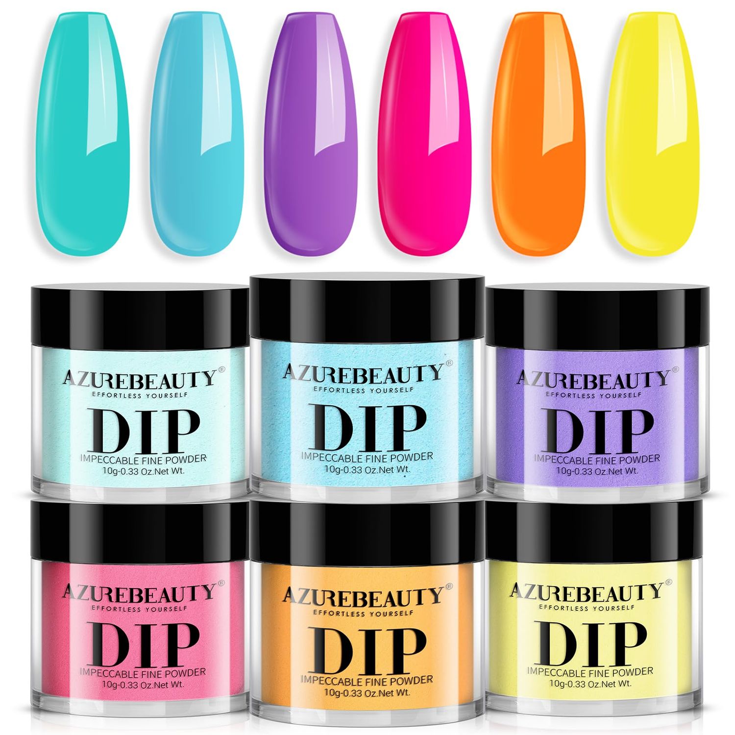 AZUREBEAUTY Bright Summer Dip Powder Nail Set, 6 Colors Pink Blue Purple Yellow Orange Dipping Powder Nail Starter Kit French Art Manicure DIY Mothers Gift for Women, No Need Nail Lamp Cured