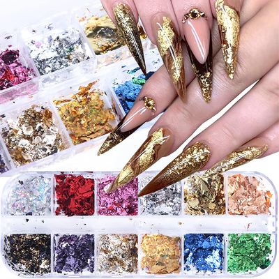 Gold Nail Art Glitter &amp; Sequins Holographic Irregular Foil Sticker 3D Glitter Foil Flakes Decals - 12 Colors