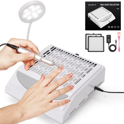BLOSSED Nail Dust Collector Quite with LED Light, Brush and 2 Reusable Filters - 100W Powerful Adjustable Speed and Low Noise, Dust Collector Nail Tech Perfect for Gel Nail Polish
