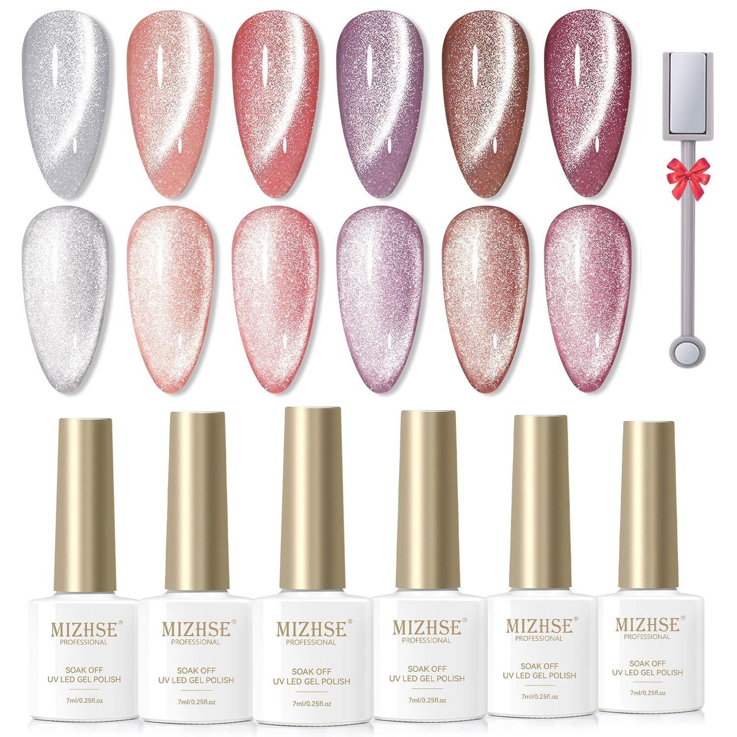 MIZHSE Glitter Cat Eye Gel Nail Polish Set - 6 Colors Holographic Pink Puprle Red Cateye Gel Polish with Magnet Soak Off U V LED Magnetic Gel Polish for DIY Salon Nail Art Home Manicure