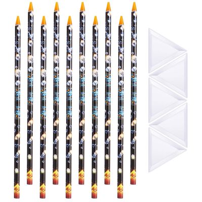 Blulu 10 Pcs Wax Pencil for Rhinestone Nail Point Drill Wax Pen Diamond Art Dotting Pen Self Adhesive Resin Picker Pencil Gem Picker Tool with 5 Pcs Triangular Bead Sorting Plate for Nail DIY Decor