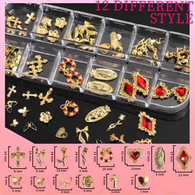 Teenitor Gold Nail Charms with Flatback Nail Pearls, 3D Nail Charms and Gems for Nail Art Design, Gold Pearls for Nails with Heart Star Cross Nail Charms, Nails Supplies Nail Accessories
