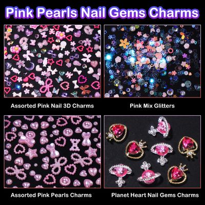 3D Pink Color Assorted Pearls Gems Nail Charms Heart Butterfly Bow Bear Nail Charms Star Bows Pearls Planet Nail Charms for Manicure DIY Crafts Jewel Accessories for Women Nail Charms