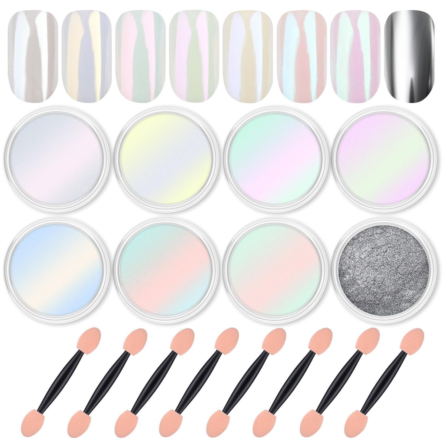 Artdone 8 Jars Chrome Nail Powder Magic White Pearl Kit Mirror Effect Silver Metallic Holographic Dip Nail Powder For Resin Craft &amp; Nail Art Fimo, Decoration Iridescent Aurora Mermaid Pigment