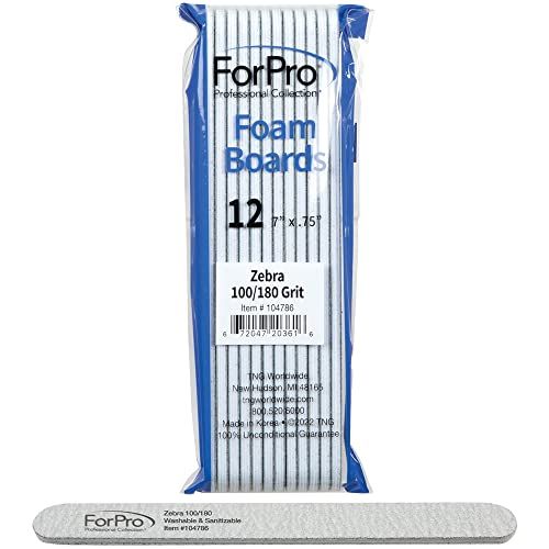 ForPro Professional Collection Nail Foam Boards, Zebra, 100/180 Grit, Double-Sided Manicure and Pedicure Nail Files, 7 L x .75 W, 12-Count