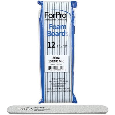 ForPro Professional Collection Nail Foam Boards, Zebra, 100/180 Grit, Double-Sided Manicure and Pedicure Nail Files, 7 L x .75 W, 12-Count