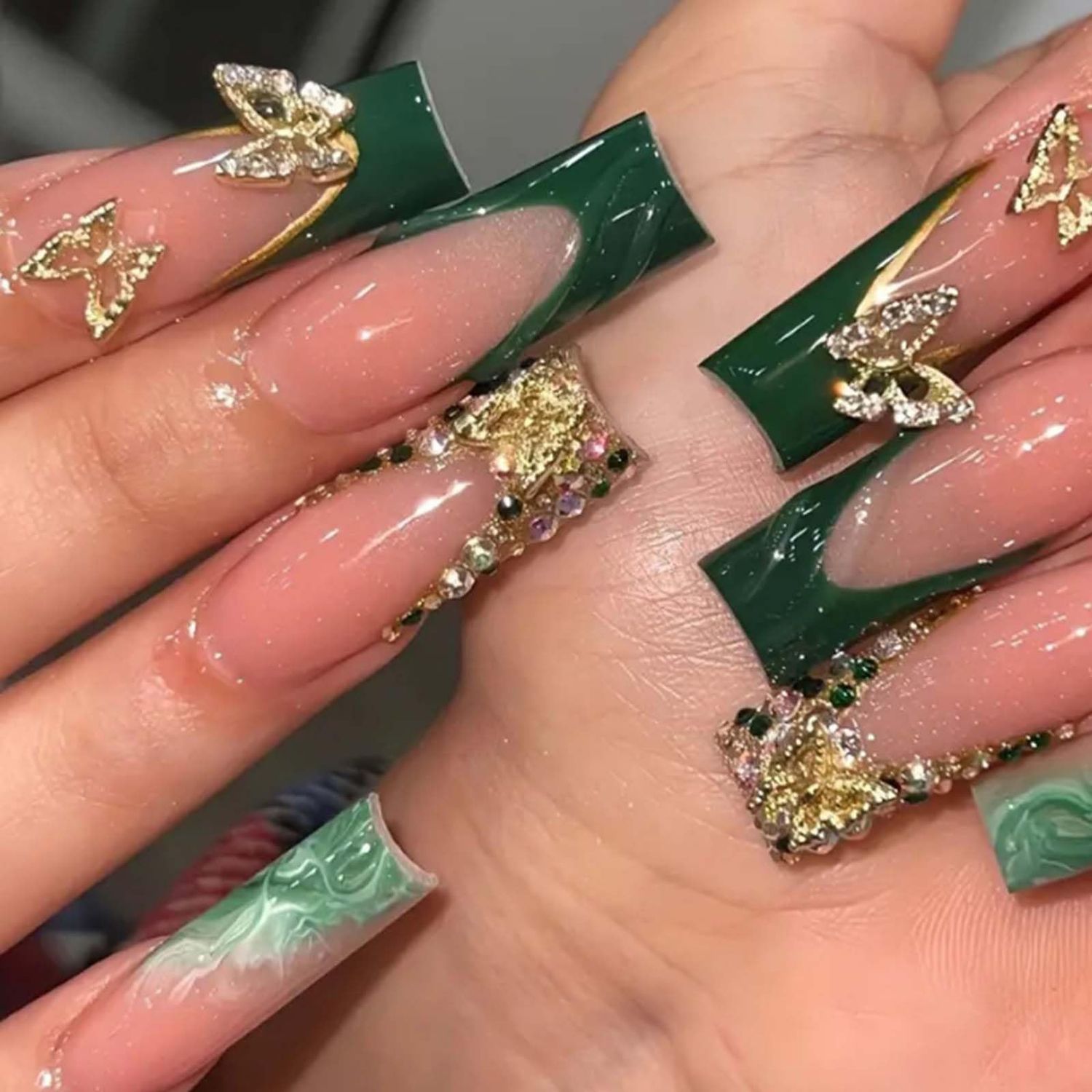 YoYoee Press on Nails -Luxury Long Fake Nails Coffin False Nails French Green Nails Butterfly Tips for Women and Girls 24Pcs