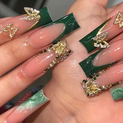 YoYoee Press on Nails -Luxury Long Fake Nails Coffin False Nails French Green Nails Butterfly Tips for Women and Girls 24Pcs