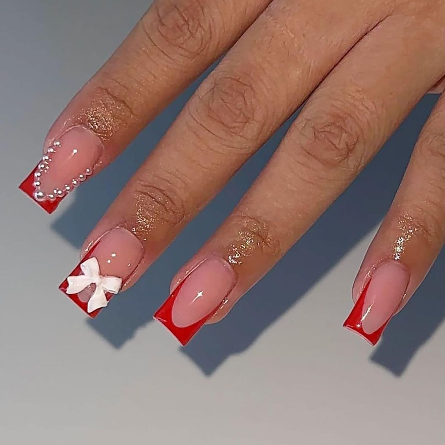 Cute Medium Press on Nails Square SWEKKE French Tip Fake Nails Red Full Cover False Nails with Bow Pearls Designs Glossy Glue on Nails Stick on Nails Handmade Acrylic Nails for Women Girls 24Pcs