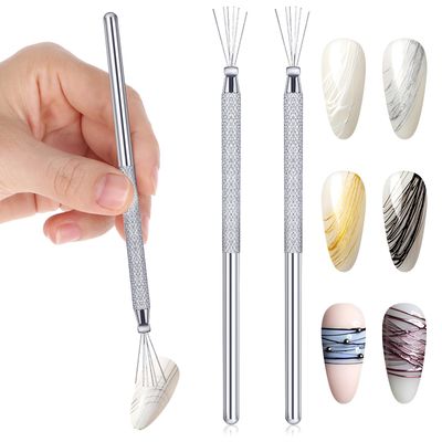 2PCS Liner Brush for Nails, 7 Pin Bendable Gel Nail Art Pens, Stainless Steel Handle, Ultra Thin