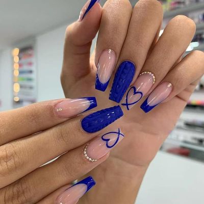 TOGZOM Ballerina Press-on Nails, Royal Blue, Medium Coffin, 24Pcs Set with Gold Glitter Design, Acrylic, Full Cover Glossy Glue on Nails for Women and Girls