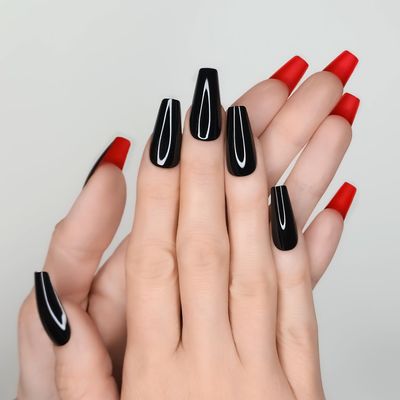 Hypnaughty 30 Pcs Revenge Coffin Black Glossy Press On Nails With Bright Matte Red Underneath &amp; Nail Kit With Glue (Revenge Coffin)