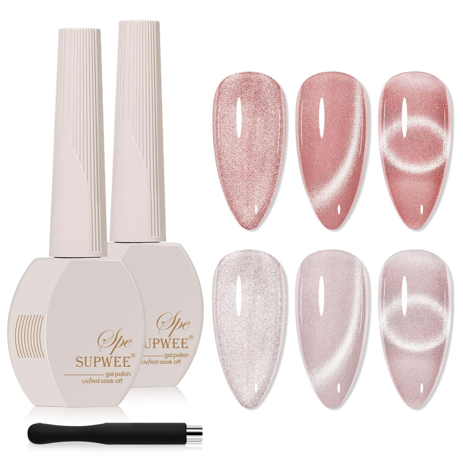 SUPWEE 2PCS 15ML CatEye Gel Nail Polish, Nude Pink Cat eye Gel Polish Crystal Glitter Shimmer Effect with Magnetic Stick Soak Off Salon DIY at Home