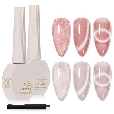SUPWEE 2PCS 15ML CatEye Gel Nail Polish, Nude Pink Cat eye Gel Polish Crystal Glitter Shimmer Effect with Magnetic Stick Soak Off Salon DIY at Home