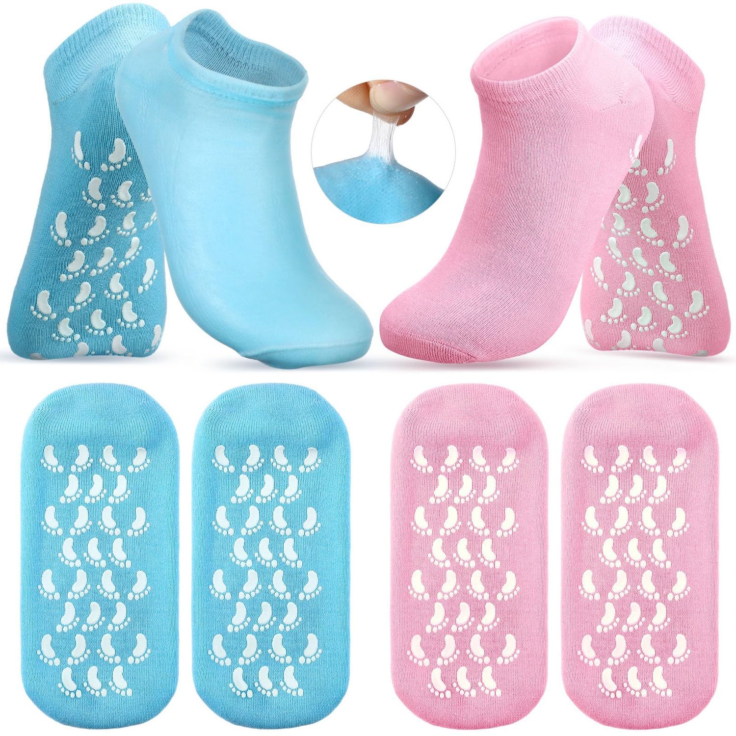 Chuarry 4 Pairs Gel Lined Socks for Dry Cracked Feet Women Moisturizing Socks Reusable Soft Lotion Spa Stockings for Repairing Gel Lining Infused with Essential Oils and Vitamins(Light Blue, Pink)
