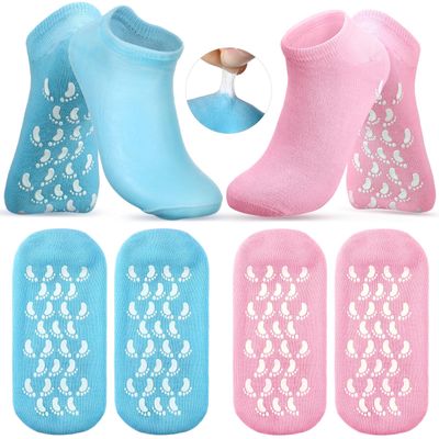 Chuarry 4 Pairs Gel Lined Socks for Dry Cracked Feet Women Moisturizing Socks Reusable Soft Lotion Spa Stockings for Repairing Gel Lining Infused with Essential Oils and Vitamins(Light Blue, Pink)
