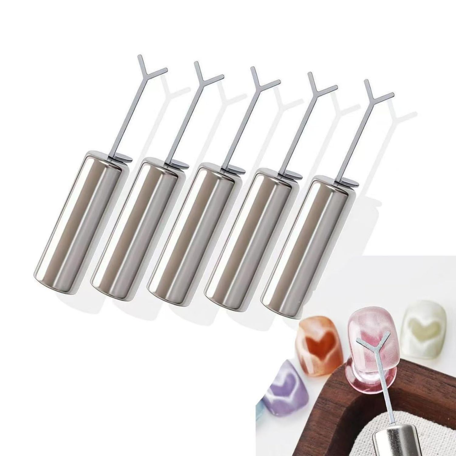 Heart Cat Eye Magnet for Nails, 5Pcs Cat Eye Magnetic Nail Art Tool, Heart Magnet for Nails DIY Manicure Kit, Professional Nail Magnet Sticks with Y-Shaped Guide for Nails Art Salon or Home
