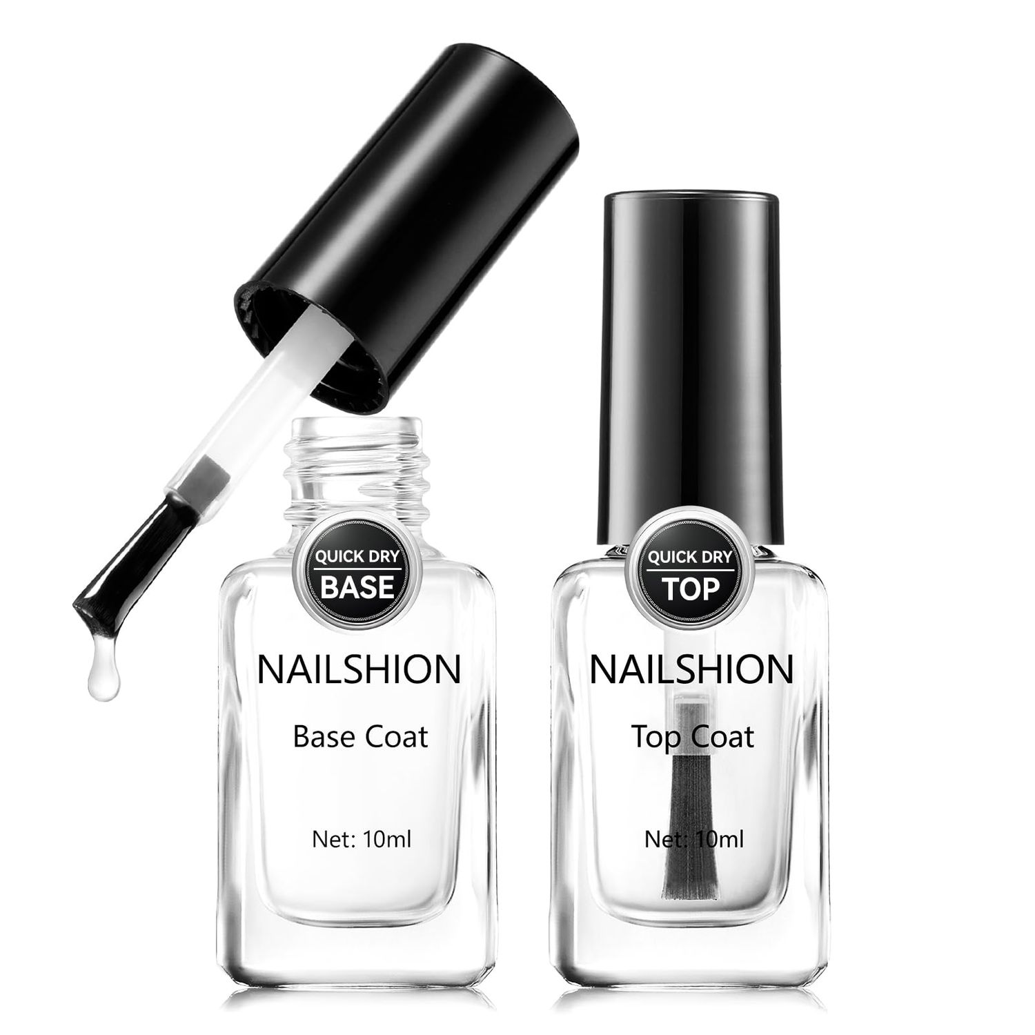Nailshion Base Coat and Top Coat Clear Regular Nail Polish Rich in VE Calcium Quick Air Dry Nail Strengthening Non Gel 2Pcs Vegan Natural Base Chip Resistant High Shine Long-lasting Nail Art Gift Set