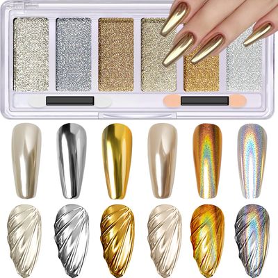 Gold Silver Chrome Nail Powder, 6 Colors Holographic Unicorn Iridescent Nail Chrome Powder, Metallic Mirror Effect Light Gold Champagne Chrome Powder Palette Pigment Glitter for Nail Art
