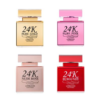 Lonkoom 24K Perfumes Set, Flower Fruity Perfumes for Women Eau de Parfum Spray Long-Lasting Fragrance, Notes of Choco Vanilla Bergamot Rose Amber Musk Jasmine (Gold, Pink, Burgundy, Rose)