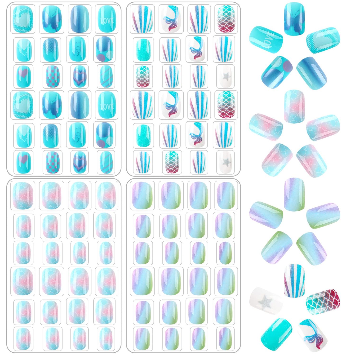 JANYUN 96 Pcs Kids False Nails - Press On, Full Cover, Short Nails in Blue Theme for Little Girls Nail Art Decoration