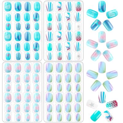 JANYUN 96 Pcs Kids False Nails - Press On, Full Cover, Short Nails in Blue Theme for Little Girls Nail Art Decoration