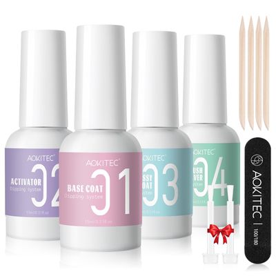 Aokitec 48PCS Dip Powder Liquid Set - 4 15ml Dip Base/Activator/Top Coat/Brush Saver for Dipping Powder System Dip Nails with Basic Nail Tools Dip Powder Nail Kit for DIY Manicure Salon-Quality